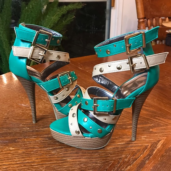 Liliana Shoes - Gorgeous Tan, Teal & Gold Studded Double Ankle Strap High Heels!